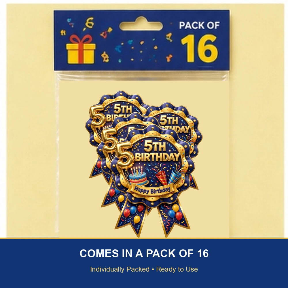 5th Birthday Theme Theme Badges Birthday Party Supplies (PACK OF 16) - 300 GSM Premium Cardstock with Pin (3.7 x 3 Inch) - Premium Party Decor Supply by Party Decor Mall - View 6