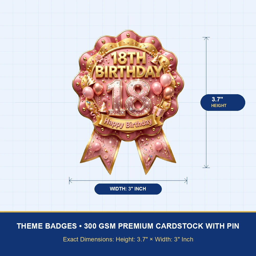 18th Birthday Theme Theme Badges Birthday Party Supplies (PACK OF 16) - 300 GSM Premium Cardstock with Pin (3.7 x 3 Inch) - Premium Party Decor Supply by Party Decor Mall - View 4