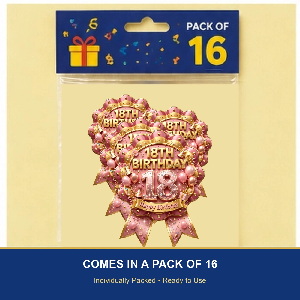 18th Birthday Theme Theme Badges Birthday Party Supplies (PACK OF 16) - 300 GSM Premium Cardstock with Pin (3.7 x 3 Inch) - Premium Party Decor Supply by Party Decor Mall - View 6