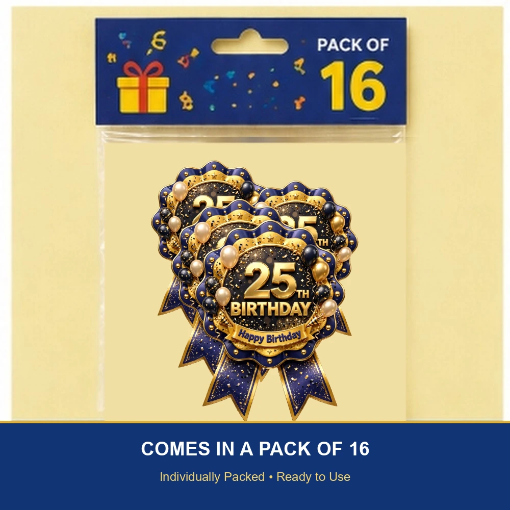 25th Birthday Theme Theme Badges Birthday Party Supplies (PACK OF 16) - 300 GSM Premium Cardstock with Pin (3.7 x 3 Inch) - Premium Party Decor Supply by Party Decor Mall - View 6