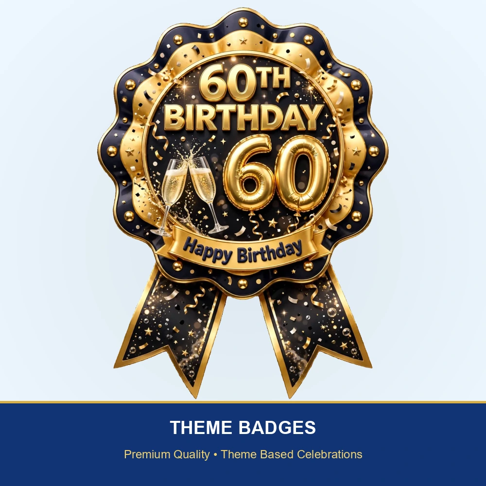 60th Birthday Theme Theme Badges Birthday Party Supplies (PACK OF 16) - 300 GSM Premium Cardstock with Pin (3.7 x 3 Inch) - Premium Party Decor Supply by Party Decor Mall - View 2