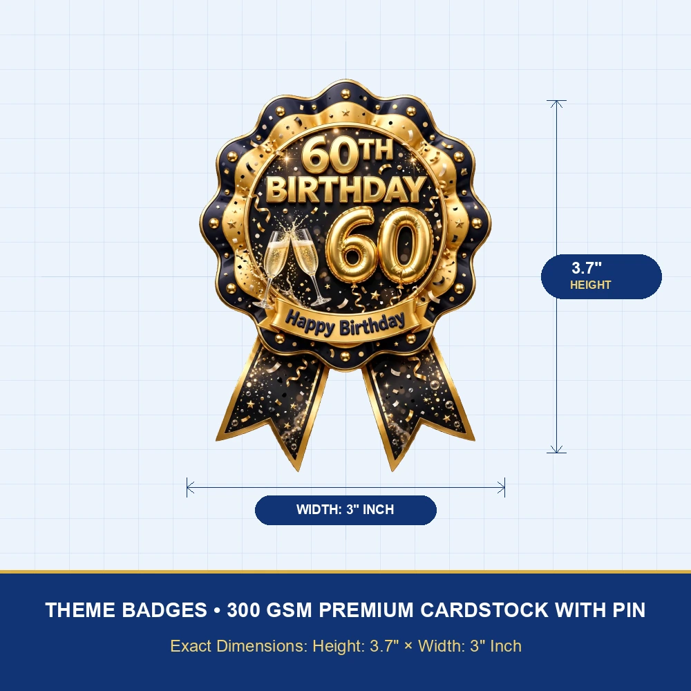 60th Birthday Theme Theme Badges Birthday Party Supplies (PACK OF 16) - 300 GSM Premium Cardstock with Pin (3.7 x 3 Inch) - Premium Party Decor Supply by Party Decor Mall - View 4