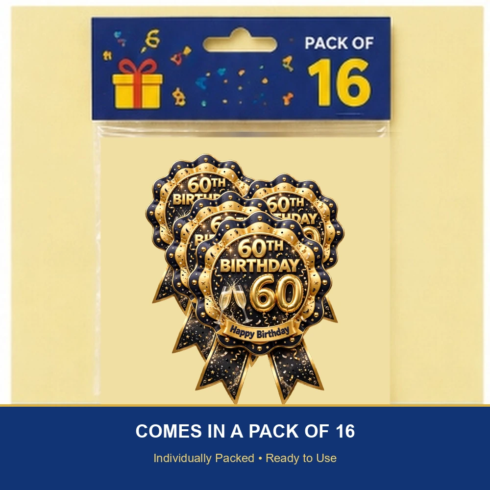 60th Birthday Theme Theme Badges Birthday Party Supplies (PACK OF 16) - 300 GSM Premium Cardstock with Pin (3.7 x 3 Inch) - Premium Party Decor Supply by Party Decor Mall - View 6