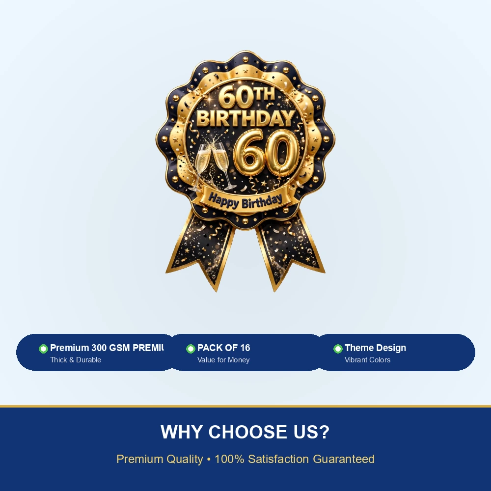60th Birthday Theme Theme Badges Birthday Party Supplies (PACK OF 16) - 300 GSM Premium Cardstock with Pin (3.7 x 3 Inch) - Premium Party Decor Supply by Party Decor Mall - View 7