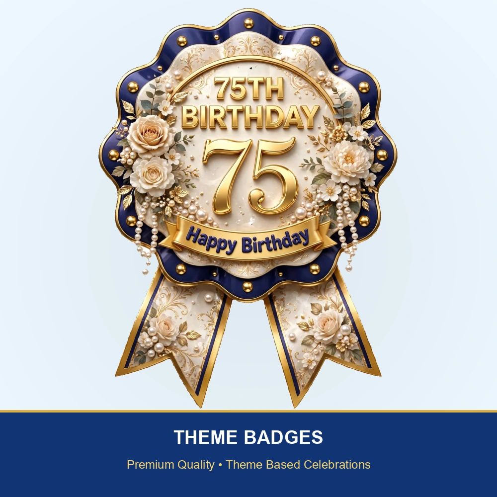 75th Birthday Theme Theme Badges Birthday Party Supplies (PACK OF 16) - 300 GSM Premium Cardstock with Pin (3.7 x 3 Inch) - Premium Party Decor Supply by Party Decor Mall - View 2