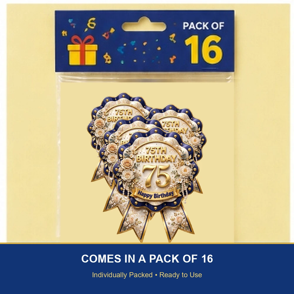 75th Birthday Theme Theme Badges Birthday Party Supplies (PACK OF 16) - 300 GSM Premium Cardstock with Pin (3.7 x 3 Inch) - Premium Party Decor Supply by Party Decor Mall - View 6