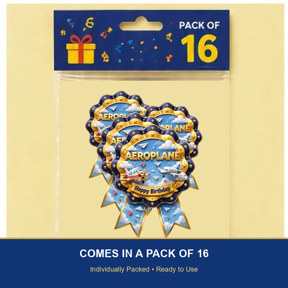 Aeroplane Theme Theme Badges Birthday Party Supplies (PACK OF 16) - 300 GSM Premium Cardstock with Pin (3.7 x 3 Inch) - Premium Party Decor Supply by Party Decor Mall - View 6