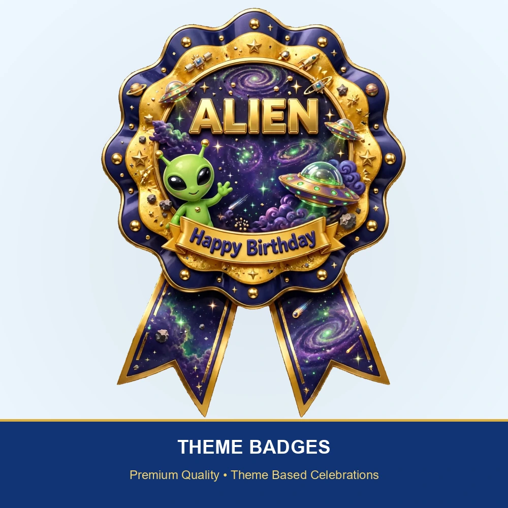 Alien Theme Theme Badges Birthday Party Supplies (PACK OF 16) - 300 GSM Premium Cardstock with Pin (3.7 x 3 Inch) - Premium Party Decor Supply by Party Decor Mall - View 2