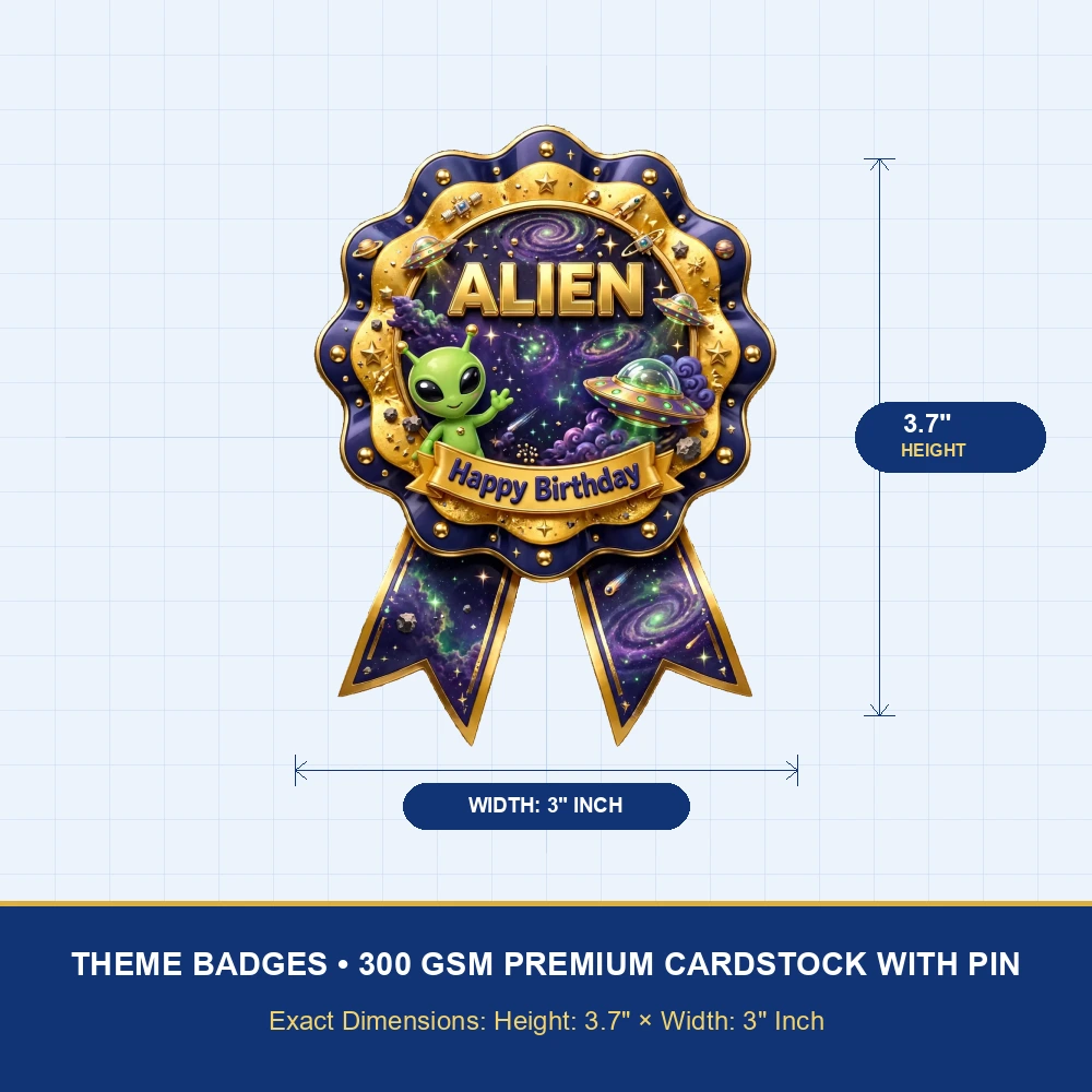 Alien Theme Theme Badges Birthday Party Supplies (PACK OF 16) - 300 GSM Premium Cardstock with Pin (3.7 x 3 Inch) - Premium Party Decor Supply by Party Decor Mall - View 4