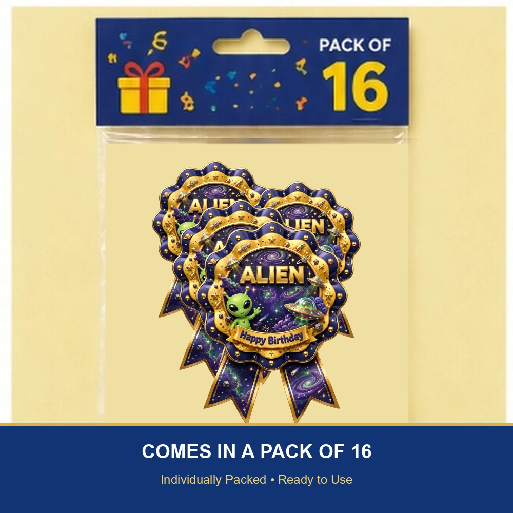 Alien Theme Theme Badges Birthday Party Supplies (PACK OF 16) - 300 GSM Premium Cardstock with Pin (3.7 x 3 Inch) - Premium Party Decor Supply by Party Decor Mall - View 6
