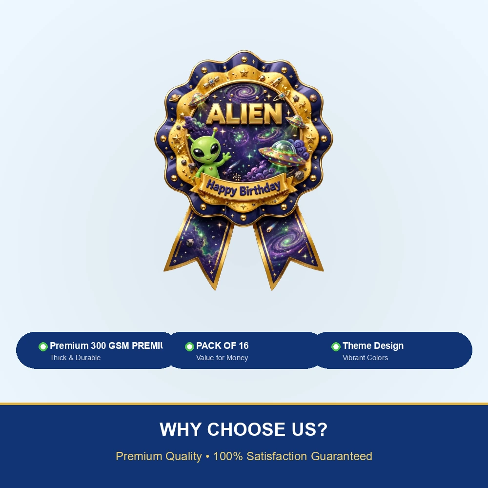 Alien Theme Theme Badges Birthday Party Supplies (PACK OF 16) - 300 GSM Premium Cardstock with Pin (3.7 x 3 Inch) - Premium Party Decor Supply by Party Decor Mall - View 7