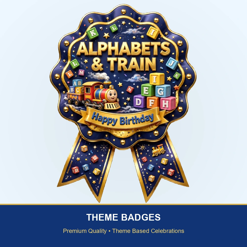 Alphabets & Train Theme Theme Badges Birthday Party Supplies (PACK OF 16) - 300 GSM Premium Cardstock with Pin (3.7 x 3 Inch) - Premium Party Decor Supply by Party Decor Mall - View 2