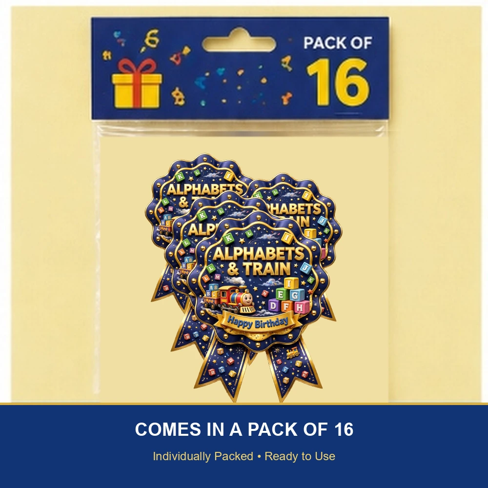 Alphabets & Train Theme Theme Badges Birthday Party Supplies (PACK OF 16) - 300 GSM Premium Cardstock with Pin (3.7 x 3 Inch) - Premium Party Decor Supply by Party Decor Mall - View 6