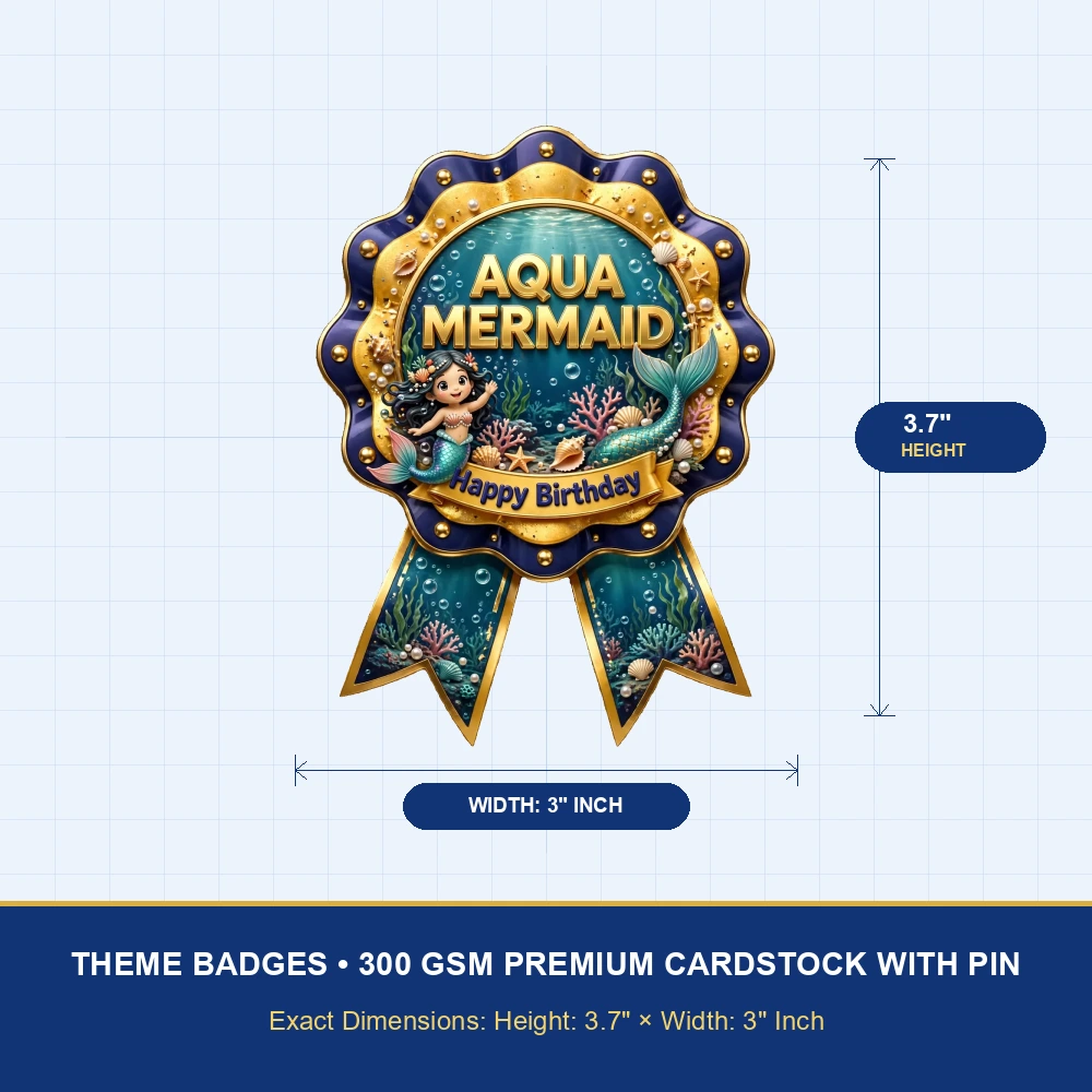 Aqua Mermaid Theme Theme Badges Birthday Party Supplies (PACK OF 16) - 300 GSM Premium Cardstock with Pin (3.7 x 3 Inch) - Premium Party Decor Supply by Party Decor Mall - View 4