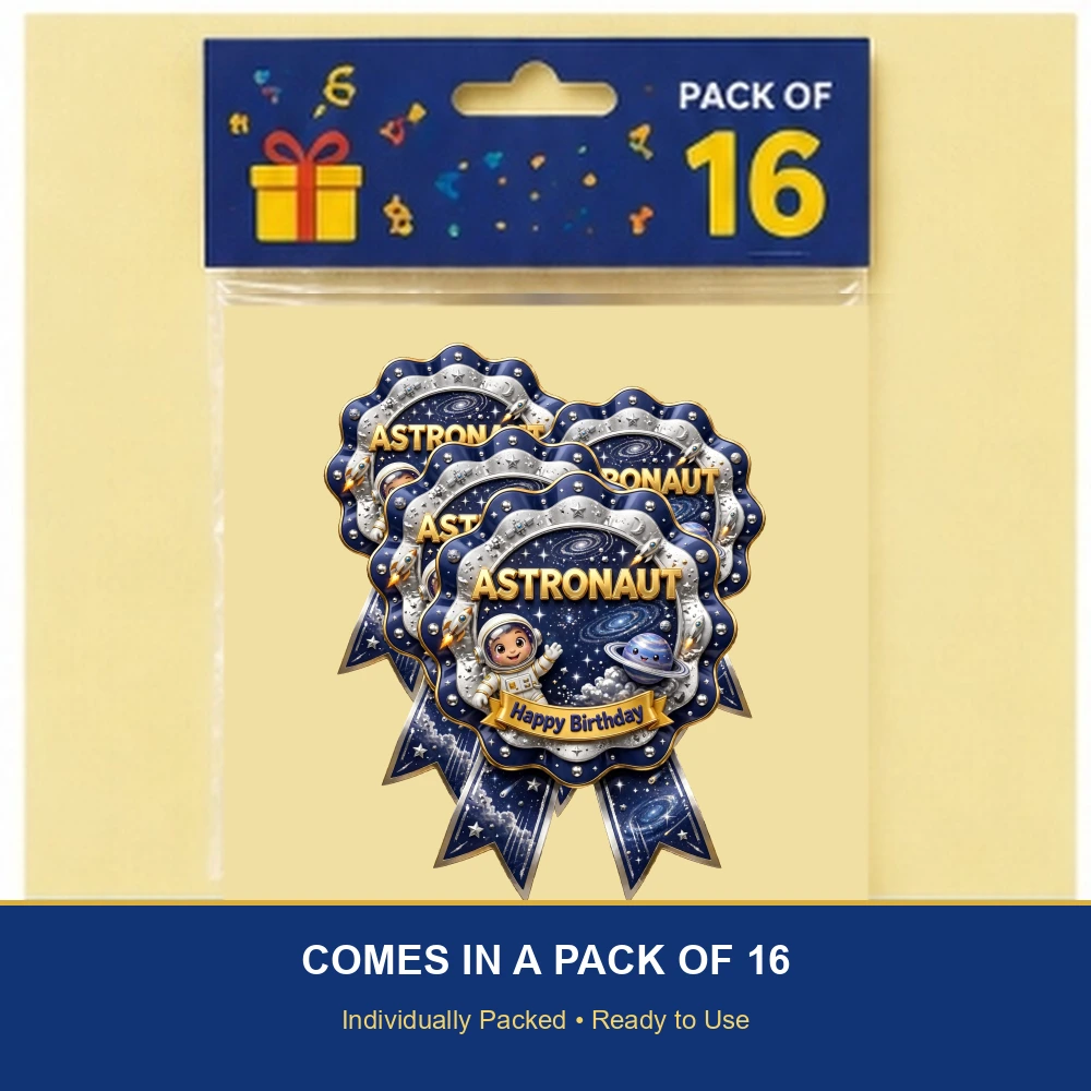 Astronaut Theme Theme Badges Birthday Party Supplies (PACK OF 16) - 300 GSM Premium Cardstock with Pin (3.7 x 3 Inch) - Premium Party Decor Supply by Party Decor Mall - View 6