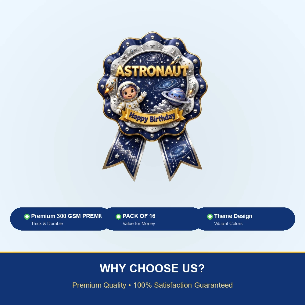 Astronaut Theme Theme Badges Birthday Party Supplies (PACK OF 16) - 300 GSM Premium Cardstock with Pin (3.7 x 3 Inch) - Premium Party Decor Supply by Party Decor Mall - View 7