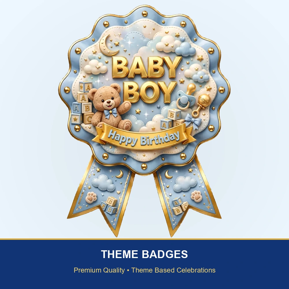 Baby Boy Theme Theme Badges Birthday Party Supplies (PACK OF 16) - 300 GSM Premium Cardstock with Pin (3.7 x 3 Inch) - Premium Party Decor Supply by Party Decor Mall - View 2