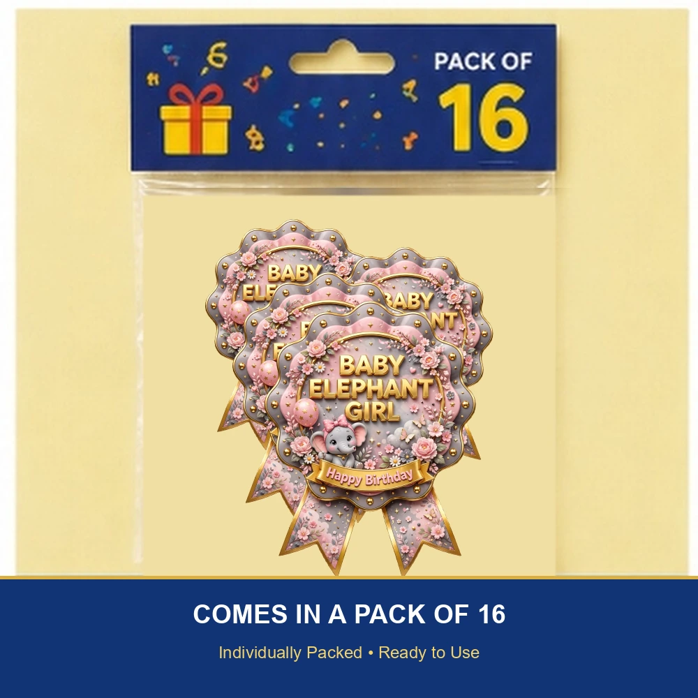Baby Elephant Girl Theme Theme Badges Birthday Party Supplies (PACK OF 16) - 300 GSM Premium Cardstock with Pin (3.7 x 3 Inch) - Premium Party Decor Supply by Party Decor Mall - View 6
