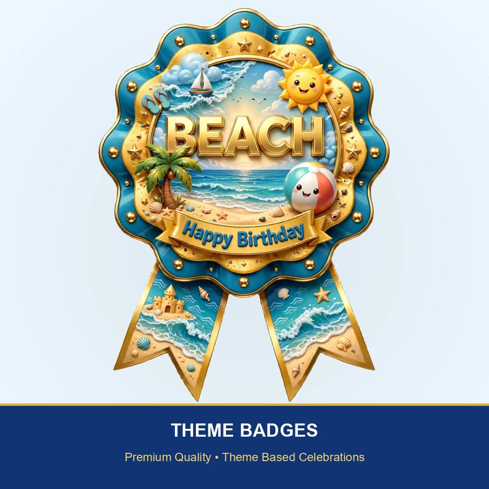Beach Theme Theme Badges Birthday Party Supplies (PACK OF 16) - 300 GSM Premium Cardstock with Pin (3.7 x 3 Inch) - Premium Party Decor Supply by Party Decor Mall - View 2
