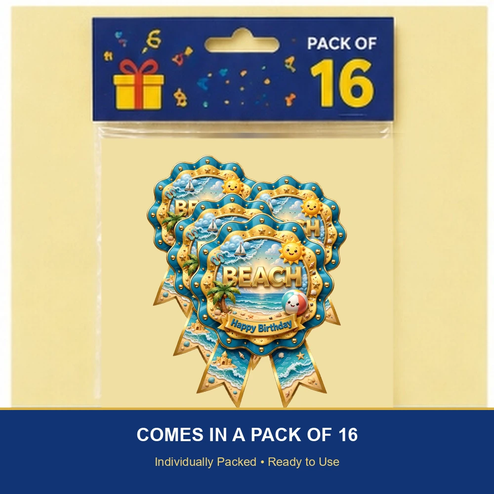 Beach Theme Theme Badges Birthday Party Supplies (PACK OF 16) - 300 GSM Premium Cardstock with Pin (3.7 x 3 Inch) - Premium Party Decor Supply by Party Decor Mall - View 6