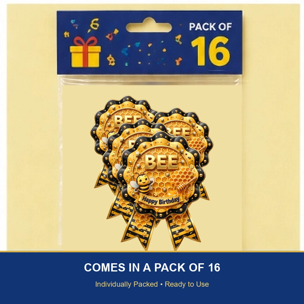 Bee Theme Theme Badges Birthday Party Supplies (PACK OF 16) - 300 GSM Premium Cardstock with Pin (3.7 x 3 Inch) - Premium Party Decor Supply by Party Decor Mall - View 6