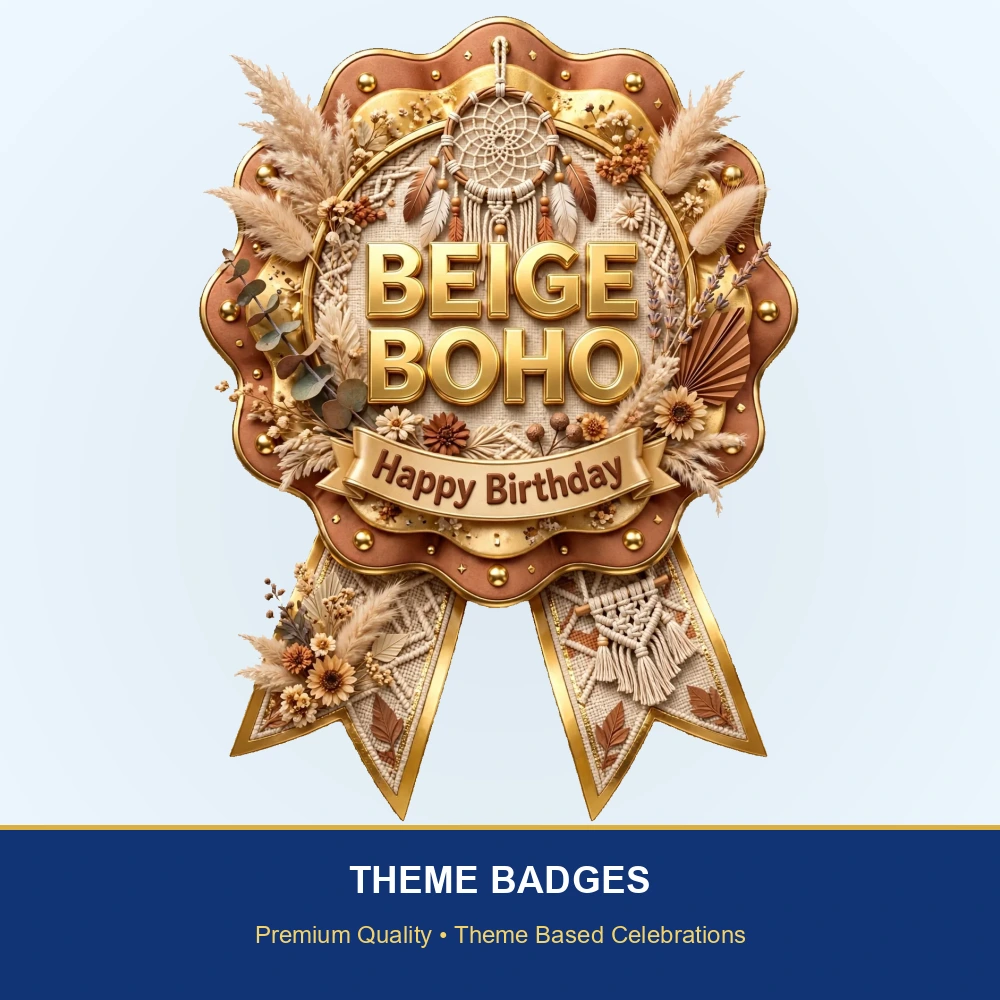 Beige Boho Theme Theme Badges Birthday Party Supplies (PACK OF 16) - 300 GSM Premium Cardstock with Pin (3.7 x 3 Inch) - Premium Party Decor Supply by Party Decor Mall - View 2