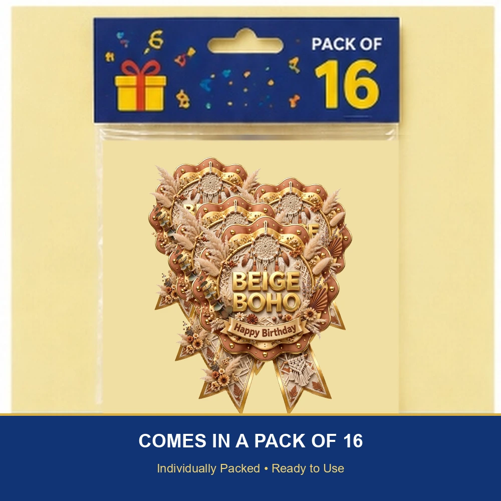 Beige Boho Theme Theme Badges Birthday Party Supplies (PACK OF 16) - 300 GSM Premium Cardstock with Pin (3.7 x 3 Inch) - Premium Party Decor Supply by Party Decor Mall - View 6