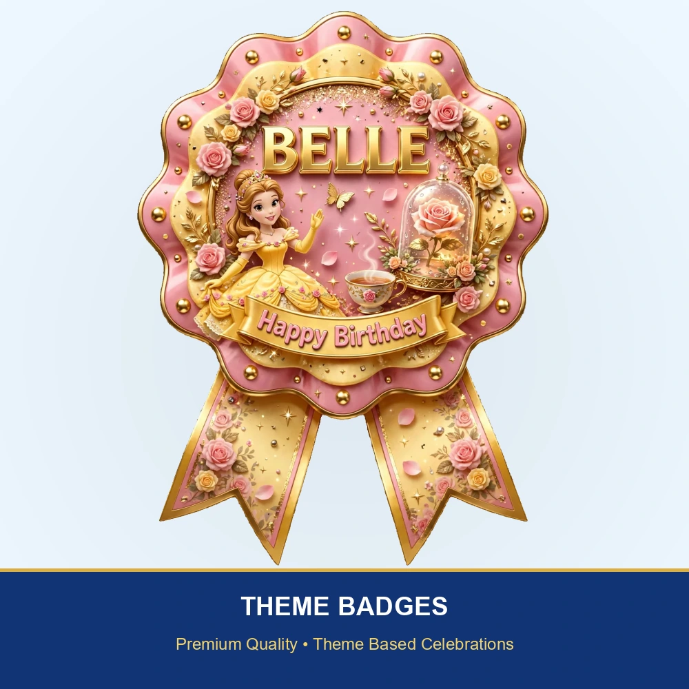 Belle Theme Theme Badges Birthday Party Supplies (PACK OF 16) - 300 GSM Premium Cardstock with Pin (3.7 x 3 Inch) - Premium Party Decor Supply by Party Decor Mall - View 2