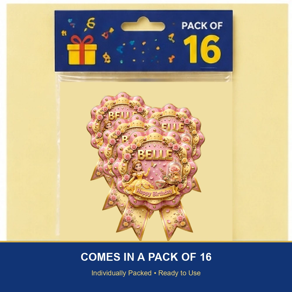 Belle Theme Theme Badges Birthday Party Supplies (PACK OF 16) - 300 GSM Premium Cardstock with Pin (3.7 x 3 Inch) - Premium Party Decor Supply by Party Decor Mall - View 6