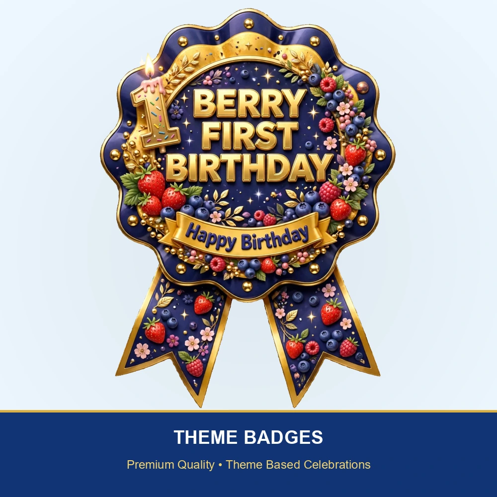 Berry First Birthday Theme Theme Badges Birthday Party Supplies (PACK OF 16) - 300 GSM Premium Cardstock with Pin (3.7 x 3 Inch) - Premium Party Decor Supply by Party Decor Mall - View 2