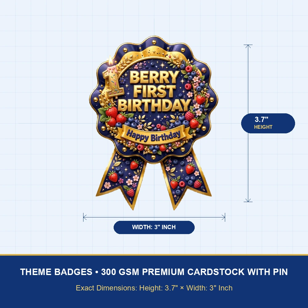 Berry First Birthday Theme Theme Badges Birthday Party Supplies (PACK OF 16) - 300 GSM Premium Cardstock with Pin (3.7 x 3 Inch) - Premium Party Decor Supply by Party Decor Mall - View 4