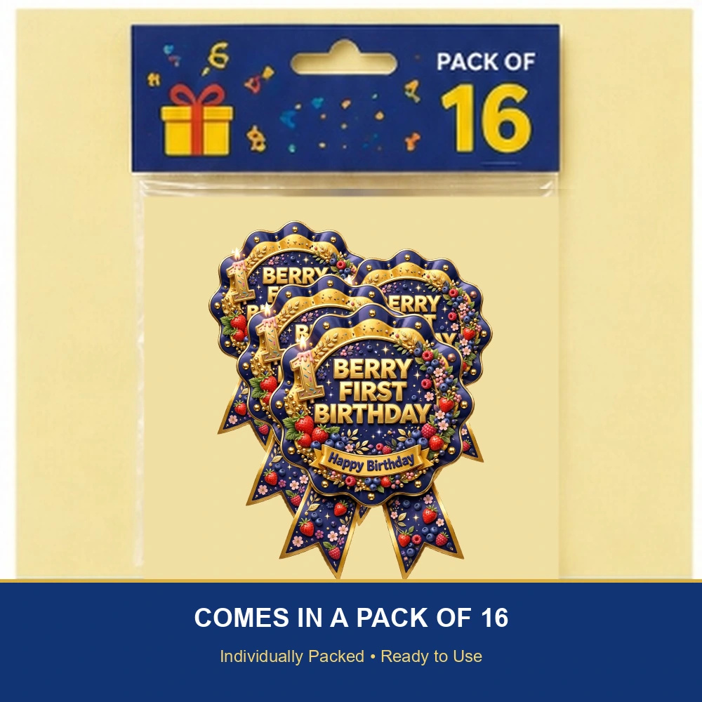 Berry First Birthday Theme Theme Badges Birthday Party Supplies (PACK OF 16) - 300 GSM Premium Cardstock with Pin (3.7 x 3 Inch) - Premium Party Decor Supply by Party Decor Mall - View 6