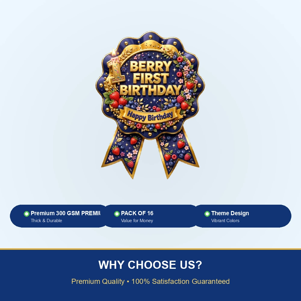 Berry First Birthday Theme Theme Badges Birthday Party Supplies (PACK OF 16) - 300 GSM Premium Cardstock with Pin (3.7 x 3 Inch) - Premium Party Decor Supply by Party Decor Mall - View 7