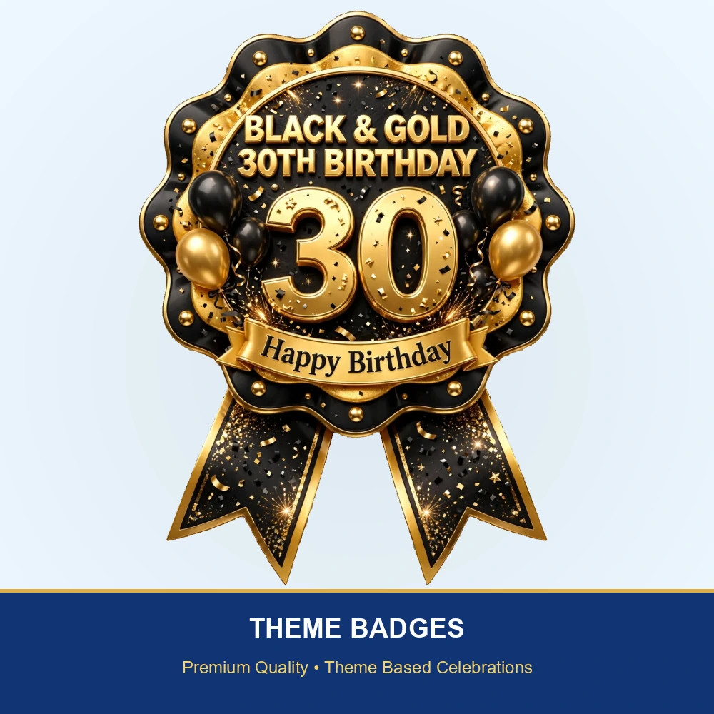 Black & Gold 30th Birthday Theme Theme Badges Birthday Party Supplies (PACK OF 16) - 300 GSM Premium Cardstock with Pin (3.7 x 3 Inch) - Premium Party Decor Supply by Party Decor Mall - View 2