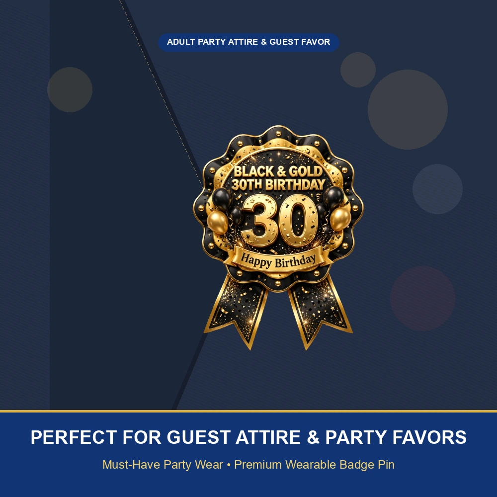 Black & Gold 30th Birthday Theme Theme Badges Birthday Party Supplies (PACK OF 16) - 300 GSM Premium Cardstock with Pin (3.7 x 3 Inch) - Premium Party Decor Supply by Party Decor Mall - View 5