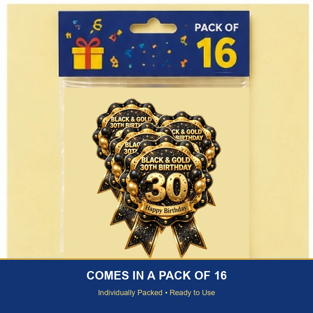 Black & Gold 30th Birthday Theme Theme Badges Birthday Party Supplies (PACK OF 16) - 300 GSM Premium Cardstock with Pin (3.7 x 3 Inch) - Premium Party Decor Supply by Party Decor Mall - View 6