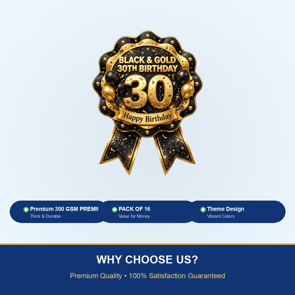 Black & Gold 30th Birthday Theme Theme Badges Birthday Party Supplies (PACK OF 16) - 300 GSM Premium Cardstock with Pin (3.7 x 3 Inch) - Premium Party Decor Supply by Party Decor Mall - View 7