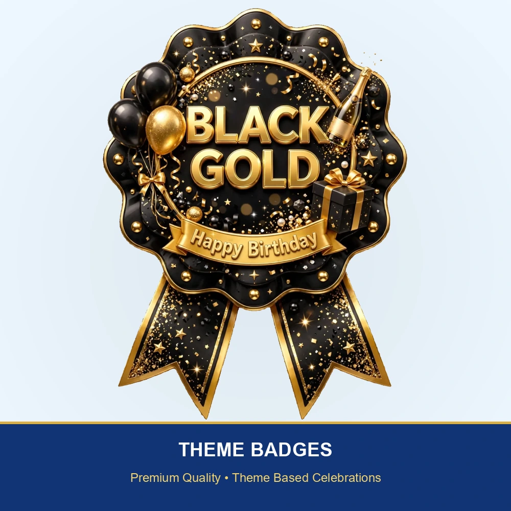 Black & Gold Theme Theme Badges Birthday Party Supplies (PACK OF 16) - 300 GSM Premium Cardstock with Pin (3.7 x 3 Inch) - Premium Party Decor Supply by Party Decor Mall - View 2