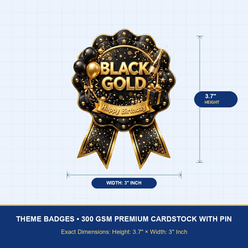 Black & Gold Theme Theme Badges Birthday Party Supplies (PACK OF 16) - 300 GSM Premium Cardstock with Pin (3.7 x 3 Inch) - Premium Party Decor Supply by Party Decor Mall - View 4