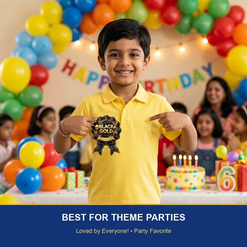 Black & Gold Theme Theme Badges Birthday Party Supplies (PACK OF 16) - 300 GSM Premium Cardstock with Pin (3.7 x 3 Inch) - Premium Party Decor Supply by Party Decor Mall - View 5