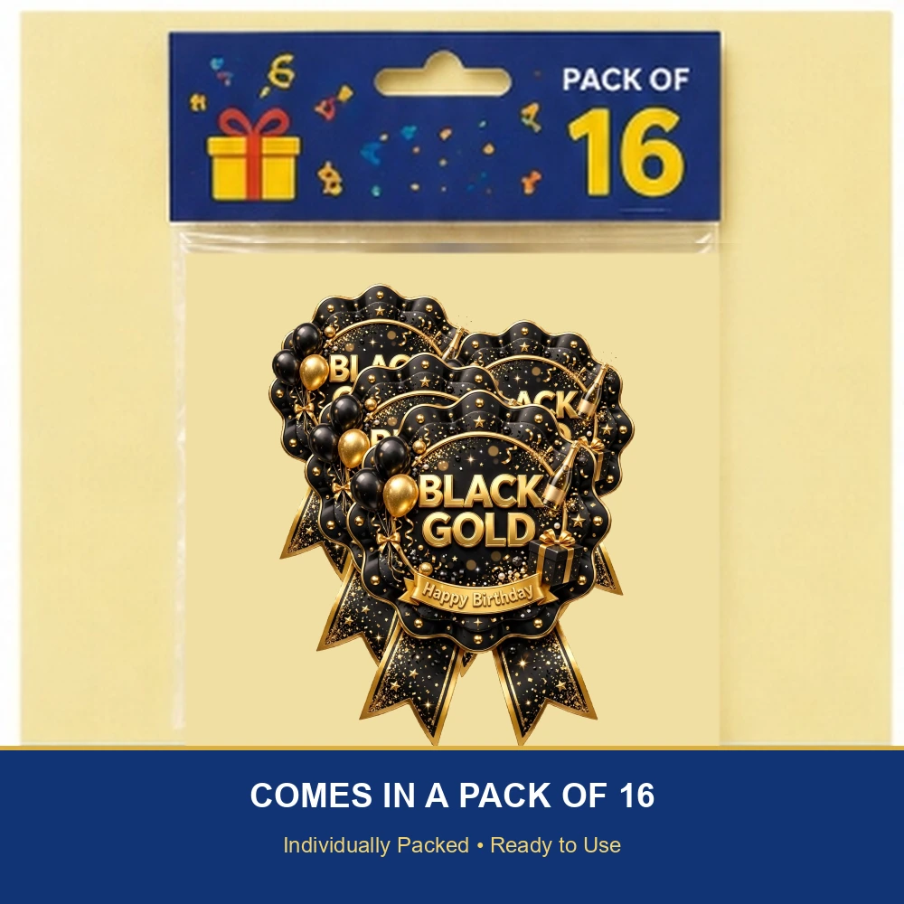 Black & Gold Theme Theme Badges Birthday Party Supplies (PACK OF 16) - 300 GSM Premium Cardstock with Pin (3.7 x 3 Inch) - Premium Party Decor Supply by Party Decor Mall - View 6