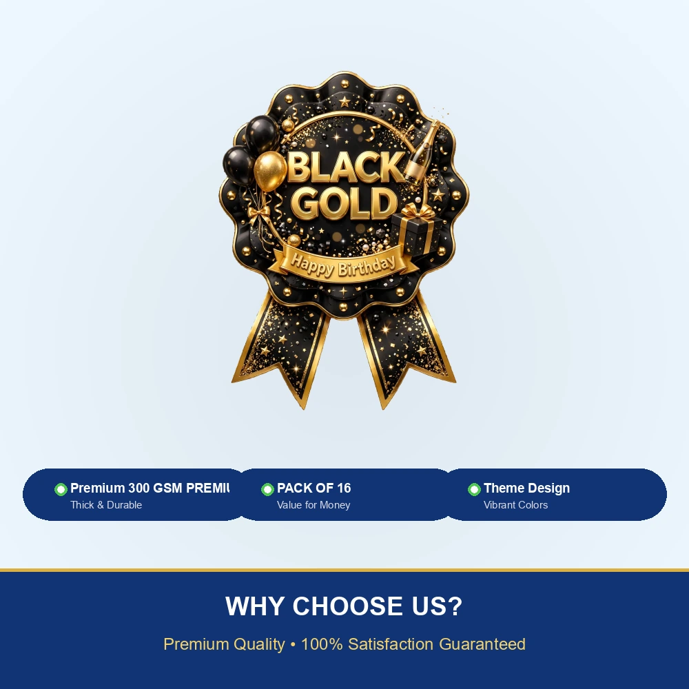 Black & Gold Theme Theme Badges Birthday Party Supplies (PACK OF 16) - 300 GSM Premium Cardstock with Pin (3.7 x 3 Inch) - Premium Party Decor Supply by Party Decor Mall - View 7