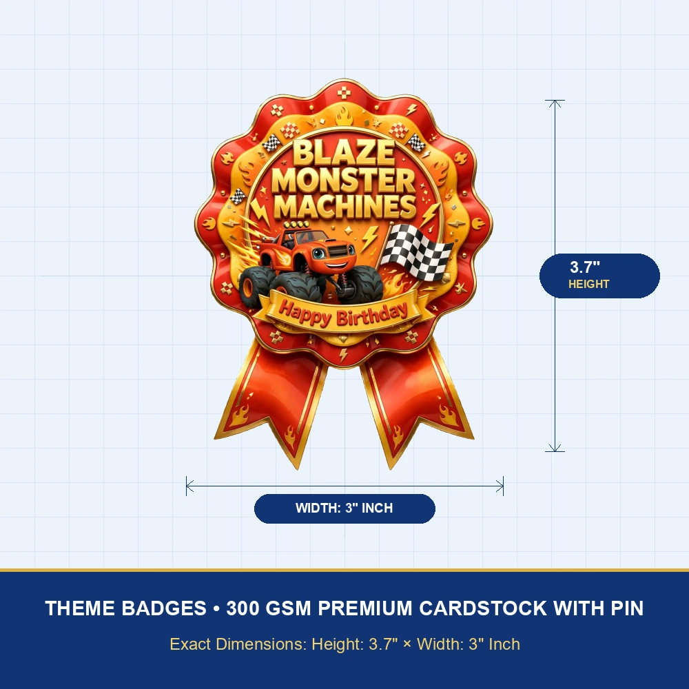 Blaze Monster Machines Theme Theme Badges Birthday Party Supplies (PACK OF 16) - 300 GSM Premium Cardstock with Pin (3.7 x 3 Inch) - Premium Party Decor Supply by Party Decor Mall - View 4