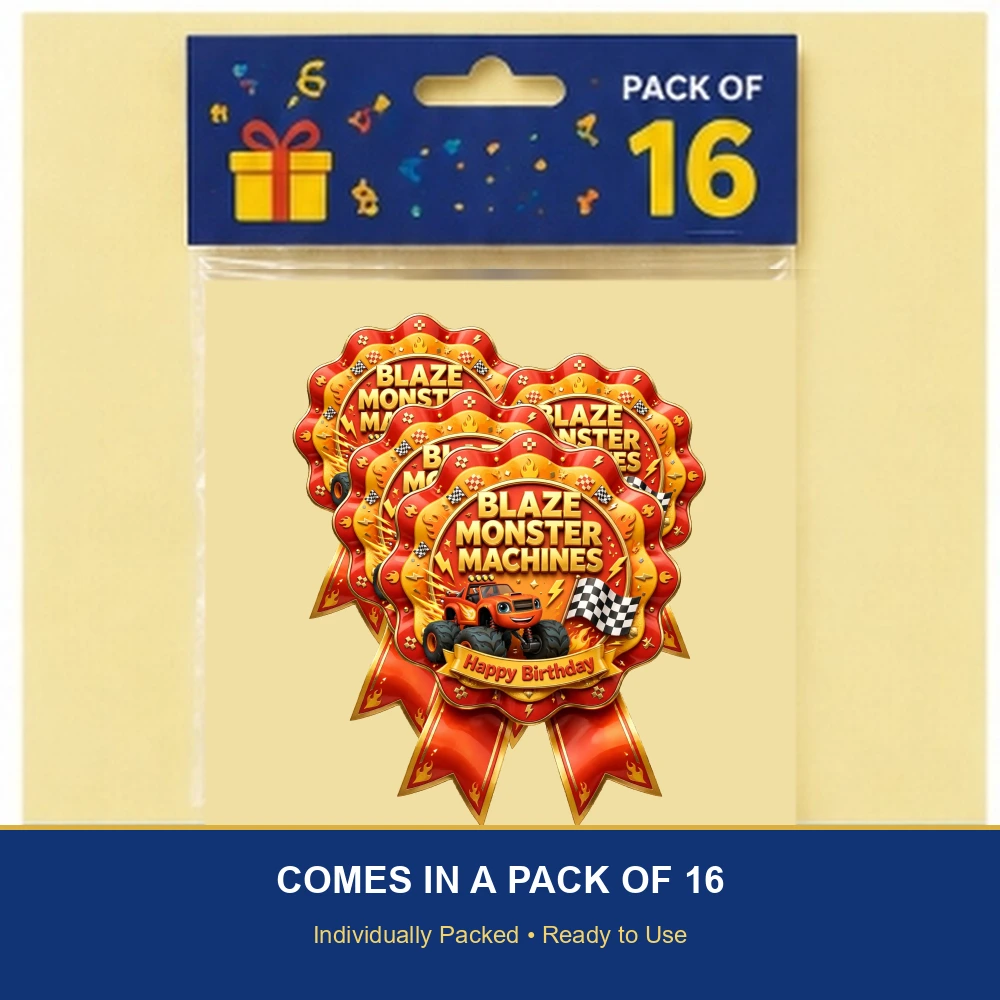 Blaze Monster Machines Theme Theme Badges Birthday Party Supplies (PACK OF 16) - 300 GSM Premium Cardstock with Pin (3.7 x 3 Inch) - Premium Party Decor Supply by Party Decor Mall - View 6