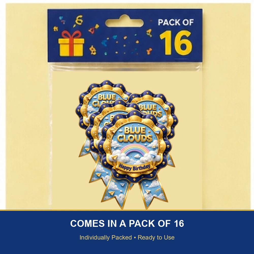 Blue Clouds Theme Theme Badges Birthday Party Supplies (PACK OF 16) - 300 GSM Premium Cardstock with Pin (3.7 x 3 Inch) - Premium Party Decor Supply by Party Decor Mall - View 6