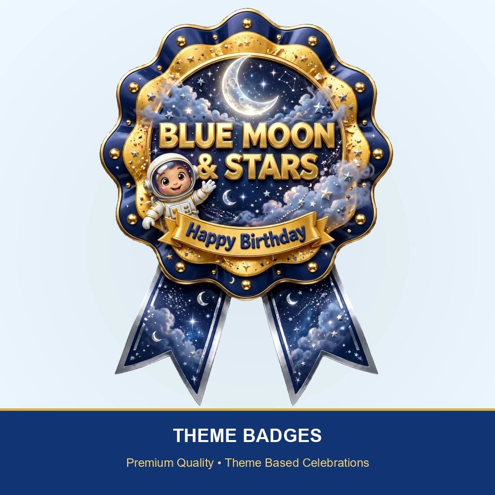 Blue Moon & Stars Theme Theme Badges Birthday Party Supplies (PACK OF 16) - 300 GSM Premium Cardstock with Pin (3.7 x 3 Inch) - Premium Party Decor Supply by Party Decor Mall - View 2