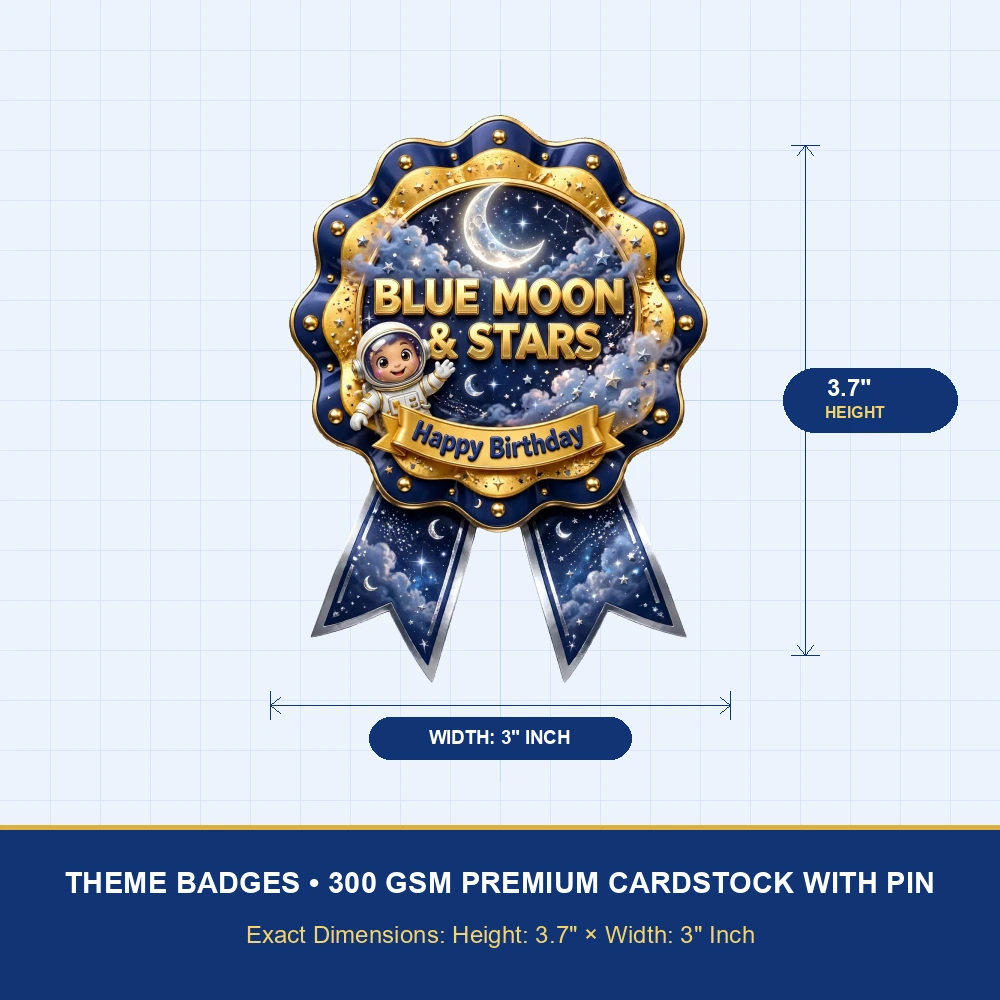 Blue Moon & Stars Theme Theme Badges Birthday Party Supplies (PACK OF 16) - 300 GSM Premium Cardstock with Pin (3.7 x 3 Inch) - Premium Party Decor Supply by Party Decor Mall - View 4