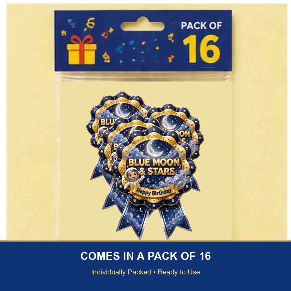 Blue Moon & Stars Theme Theme Badges Birthday Party Supplies (PACK OF 16) - 300 GSM Premium Cardstock with Pin (3.7 x 3 Inch) - Premium Party Decor Supply by Party Decor Mall - View 6