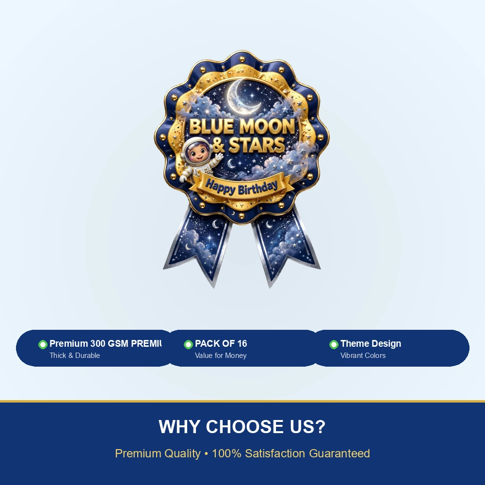 Blue Moon & Stars Theme Theme Badges Birthday Party Supplies (PACK OF 16) - 300 GSM Premium Cardstock with Pin (3.7 x 3 Inch) - Premium Party Decor Supply by Party Decor Mall - View 7