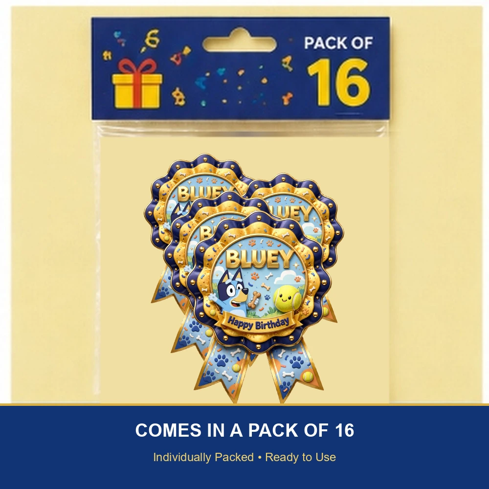 Bluey Theme Theme Badges Birthday Party Supplies (PACK OF 16) - 300 GSM Premium Cardstock with Pin (3.7 x 3 Inch) - Premium Party Decor Supply by Party Decor Mall - View 6